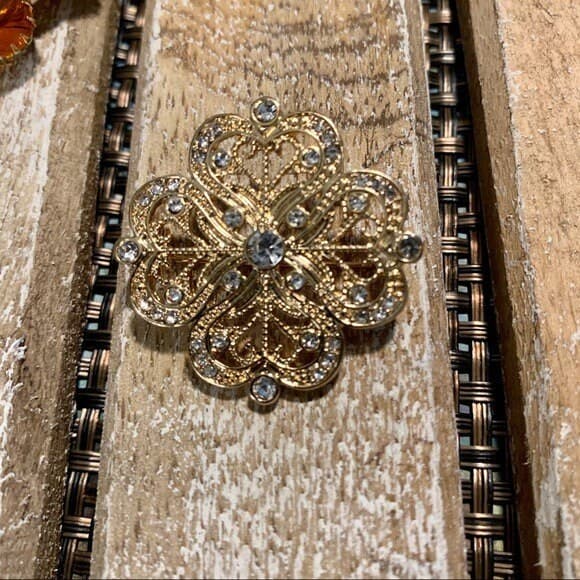 Vintage Delizza and Elster Amber Clear Milky Rhinestone & Cabochon Square Brooch- Perfect color for Fall or Thanksgiving! - Thumbnail 6