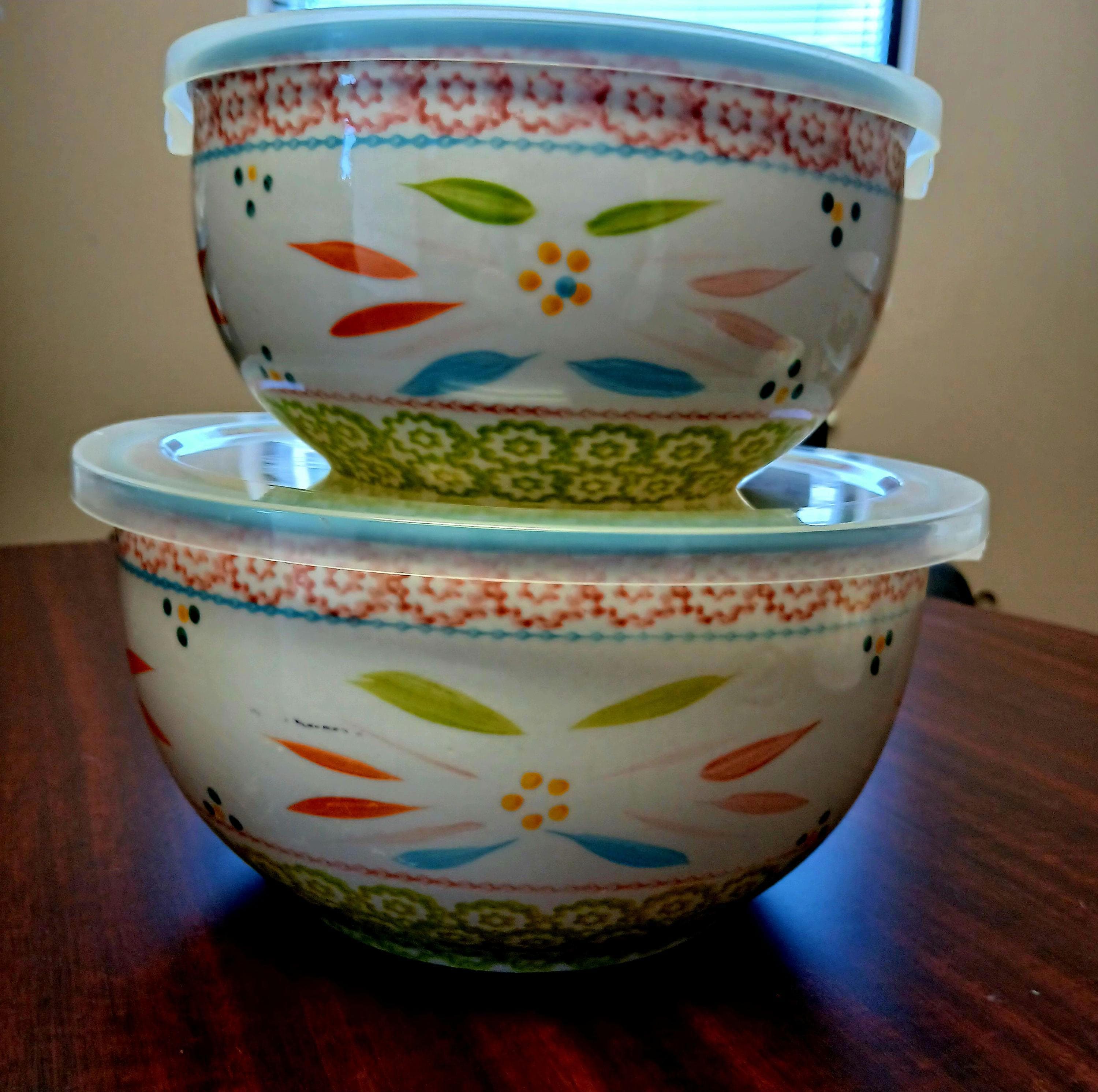 Springfetti Vintage Temp-tations Floral Mixing Bowls- Set of 2 Large Bowls Matching Lids for Storage~ Nesting Serving Bowls- Oven-to-Table - Thumbnail 2