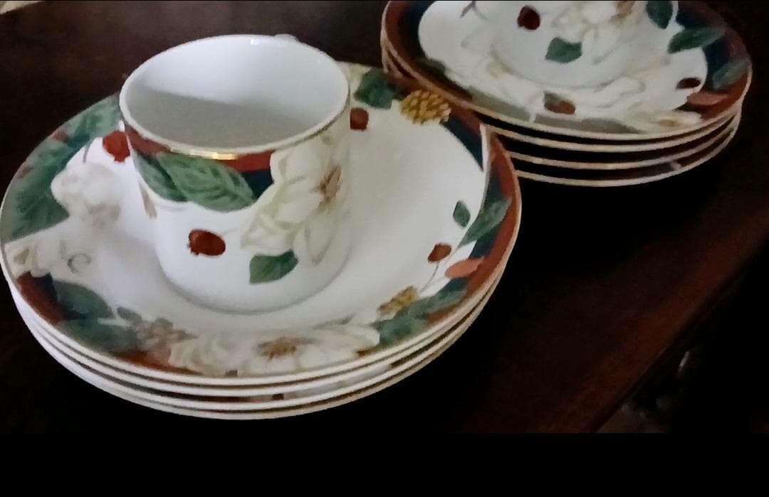 10 Piece~ “Magnolia” 4 Salad Plates & 4 Rim Soup Bowls by Tienshan Magnolia Collection~ 2 Teacups~ Vintage Circa 1996 - Thumbnail 10