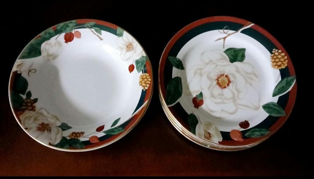 10 Piece~ “Magnolia” 4 Salad Plates & 4 Rim Soup Bowls by Tienshan Magnolia Collection~ 2 Teacups~ Vintage Circa 1996 - Thumbnail 5