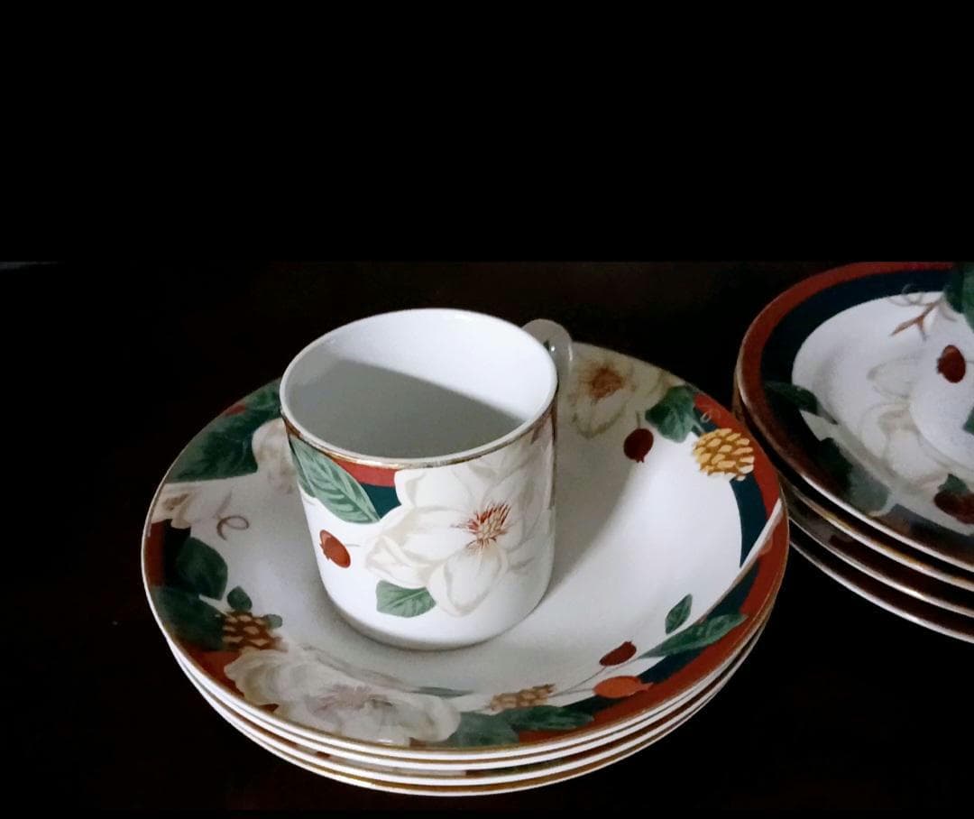 10 Piece~ “Magnolia” 4 Salad Plates & 4 Rim Soup Bowls by Tienshan Magnolia Collection~ 2 Teacups~ Vintage Circa 1996 - Thumbnail 9