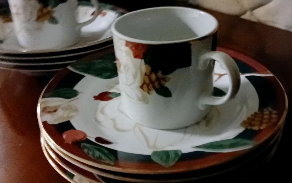 10 Piece~ “Magnolia” 4 Salad Plates & 4 Rim Soup Bowls by Tienshan Magnolia Collection~ 2 Teacups~ Vintage Circa 1996 - Thumbnail 4