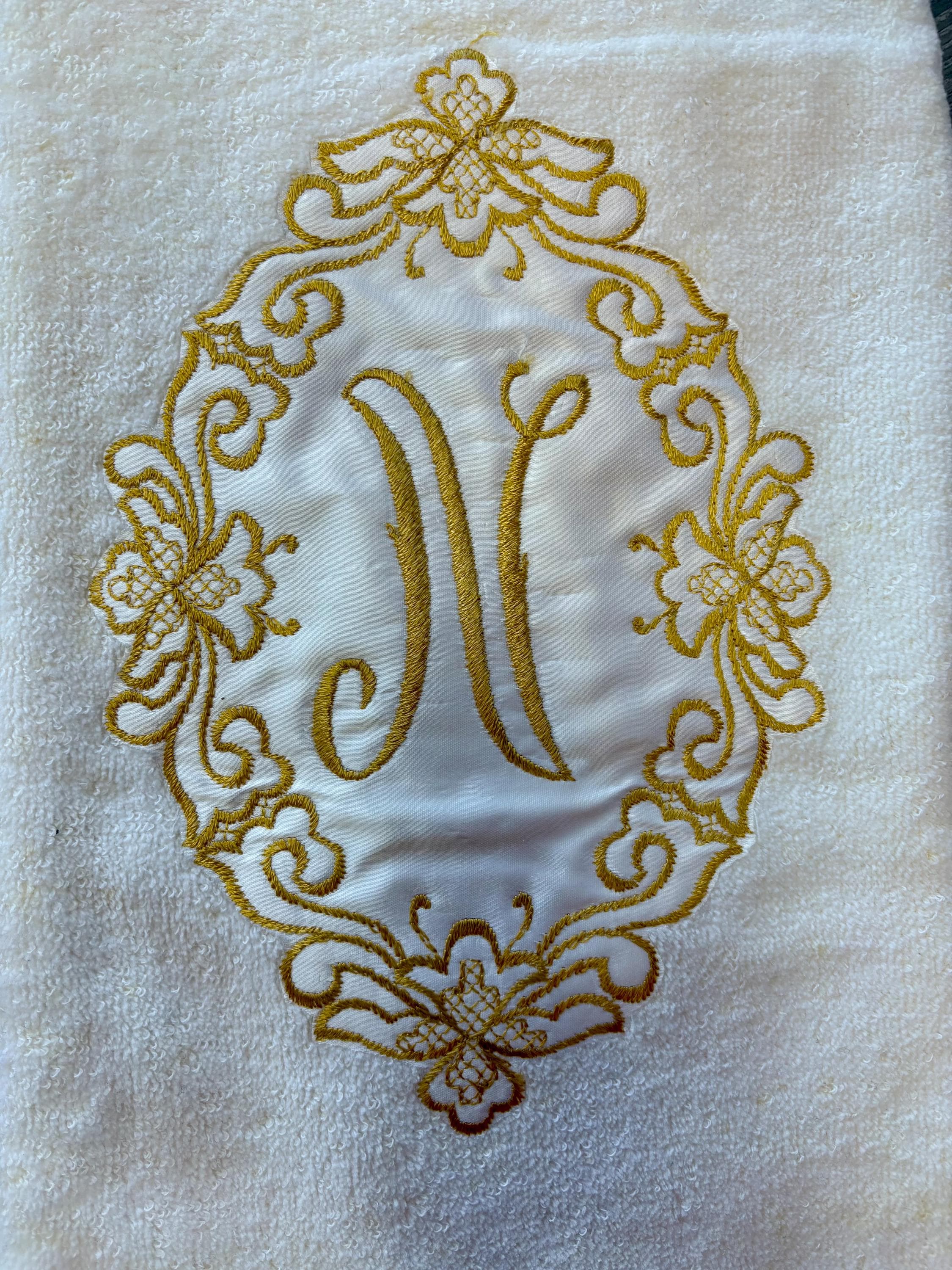 Vintage Barth & Dreyfuss Gold Monogrammed “N” Royal Terry Bath Towel~ Made in the USA- Ornate, gold-embroidered oval design on a white towel - Thumbnail 2