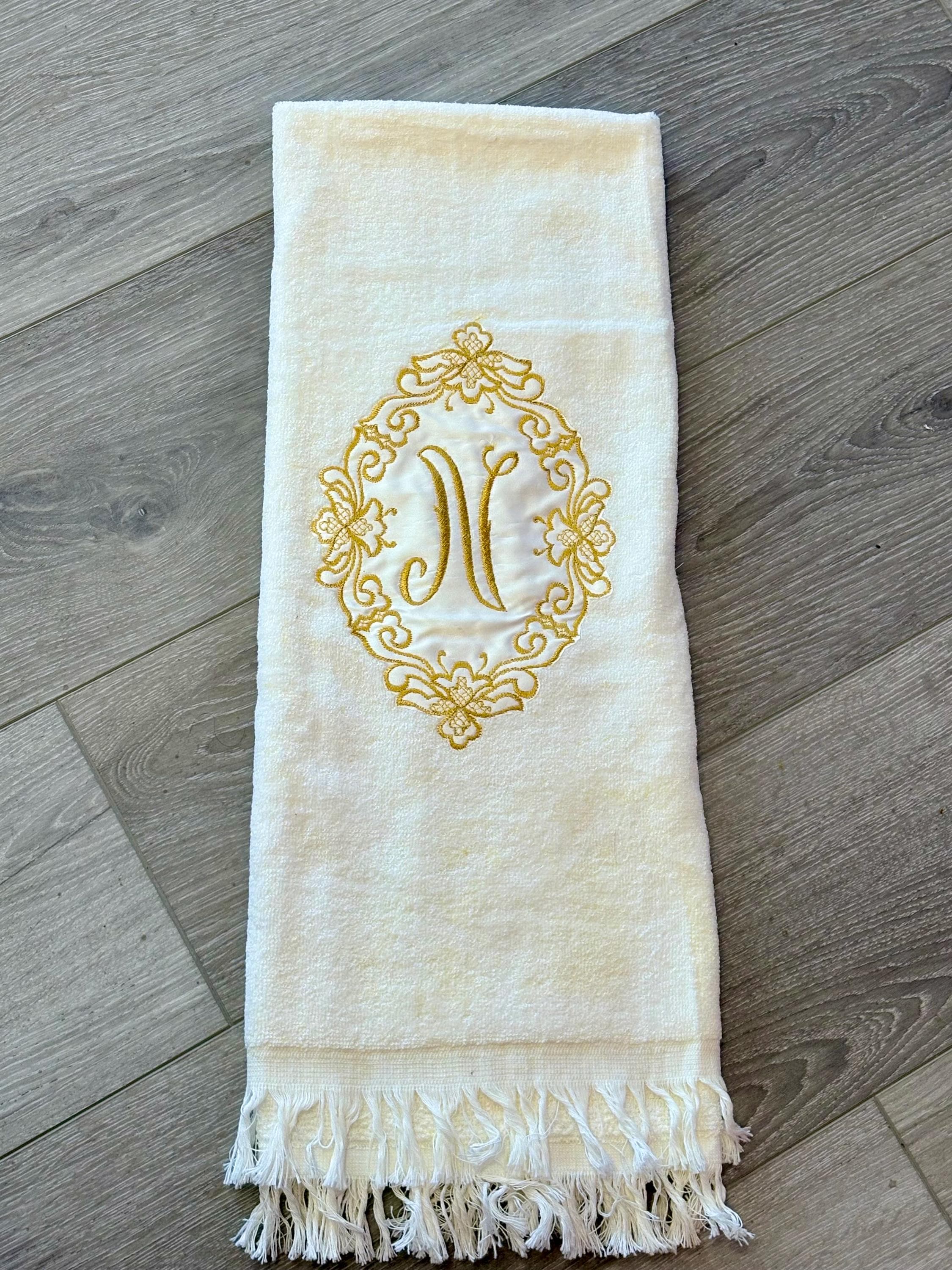 Vintage Barth & Dreyfuss Gold Monogrammed “N” Royal Terry Bath Towel~ Made in the USA- Ornate, gold-embroidered oval design on a white towel - Thumbnail 7