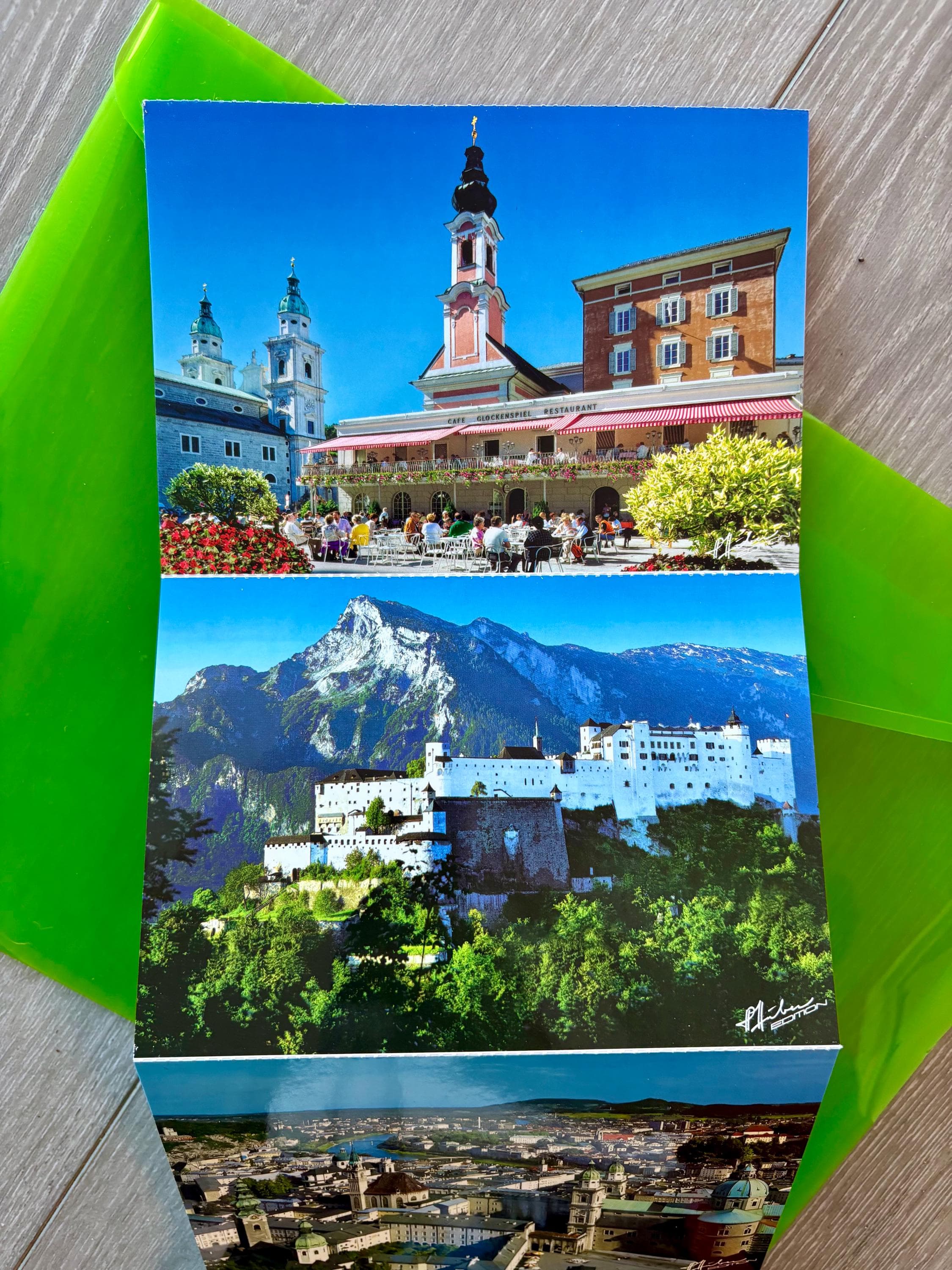 Vintage box of 12 "Super Cards" postcards featuring a panoramic view of Salzburg, Austria. Breathtaking Images! Glossy; Mint Condition - Thumbnail 6