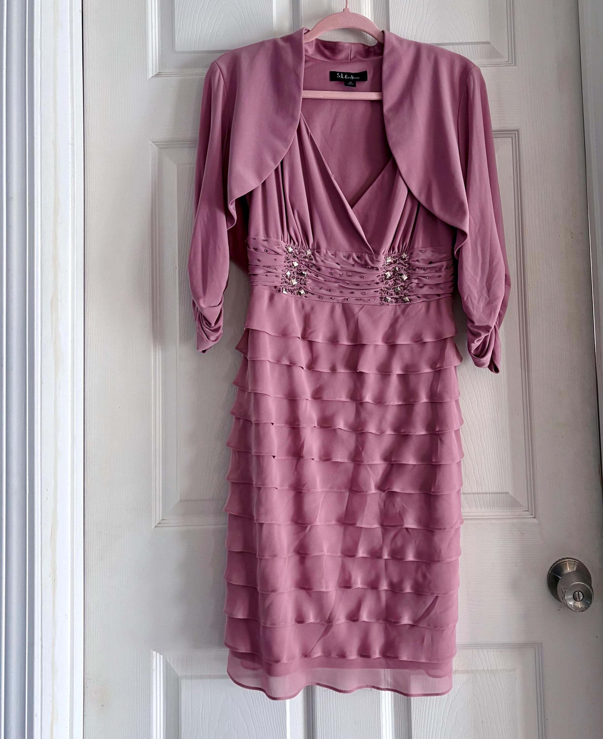 Vintage Cocktail Dress SLNY Mauve Rose Pink Tiered Ruffle Cocktail Dress & Bolero Jacket - Thumbnail 4