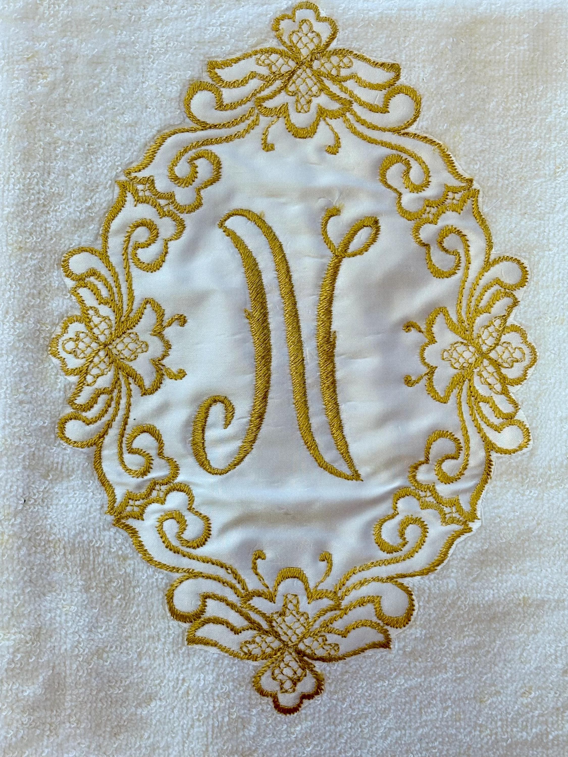 Vintage Barth & Dreyfuss Gold Monogrammed “N” Royal Terry Bath Towel~ Made in the USA- Ornate, gold-embroidered oval design on a white towel - Thumbnail 6