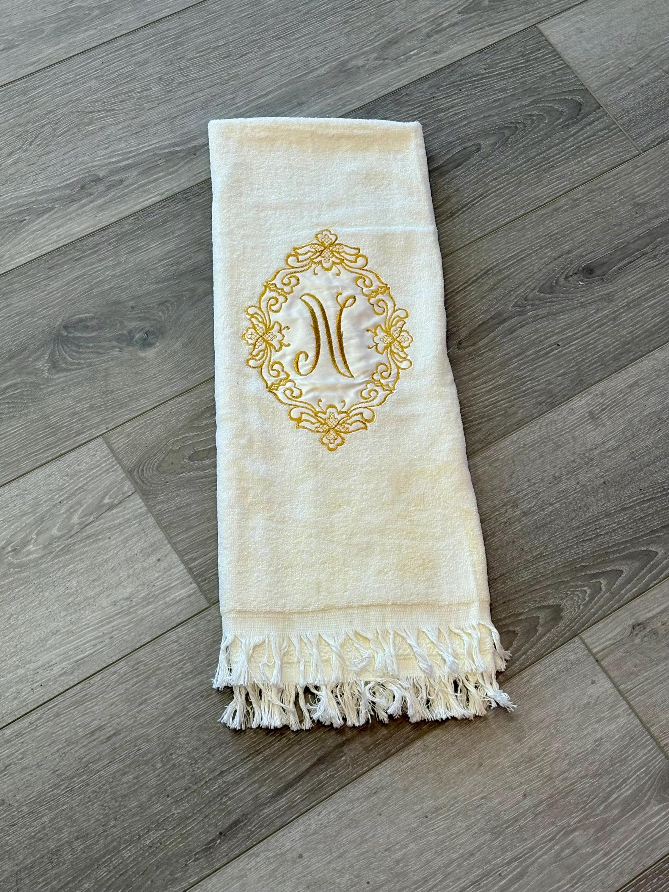 Vintage Barth & Dreyfuss Gold Monogrammed “N” Royal Terry Bath Towel~ Made in the USA- Ornate, gold-embroidered oval design on a white towel - Thumbnail 4