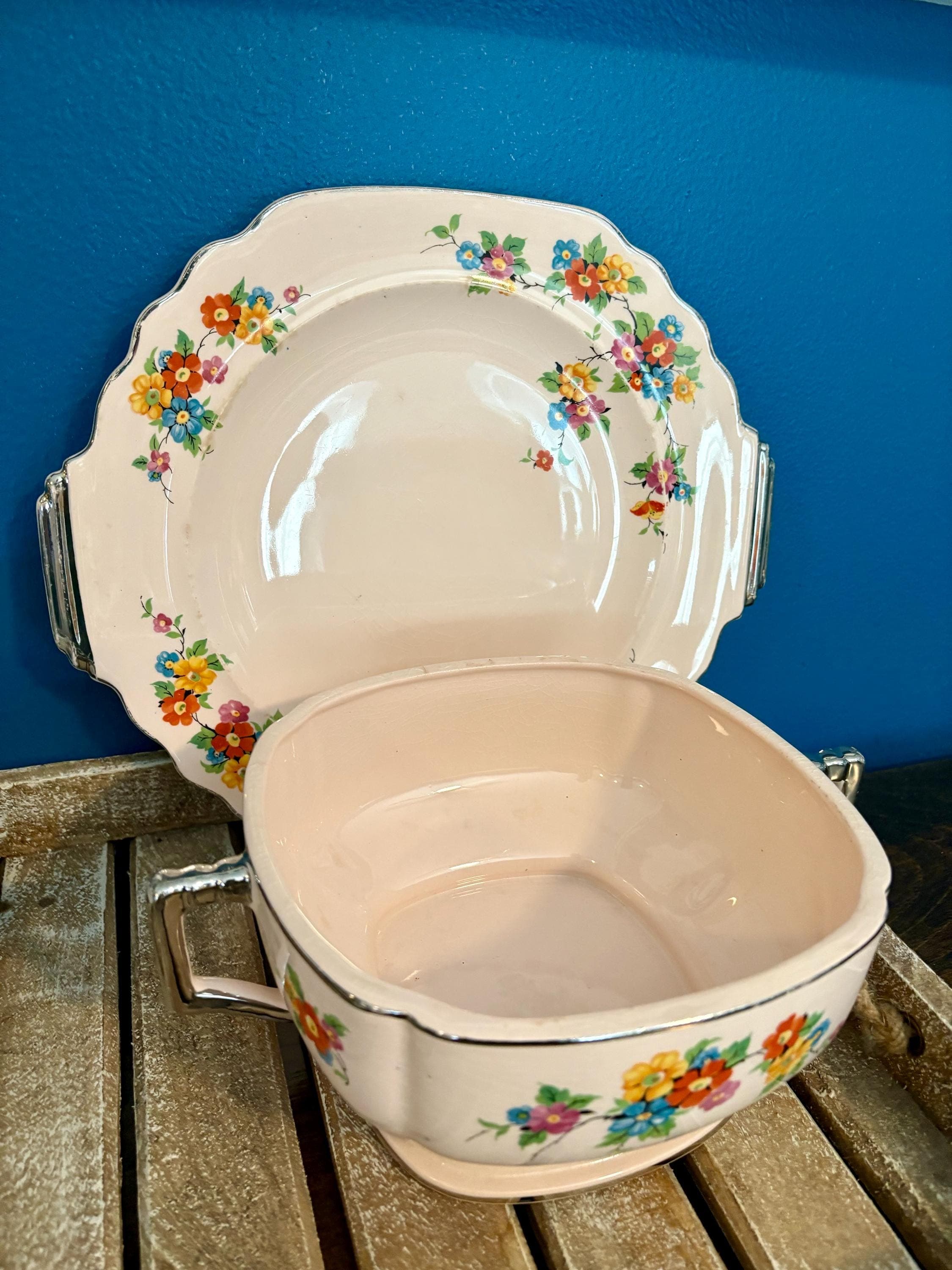 Limoges “Peach-Blo” Dinnerware Wayside Flower by Limoges-American Serving Platter and Silver Handle Serving Bowl - Thumbnail 3