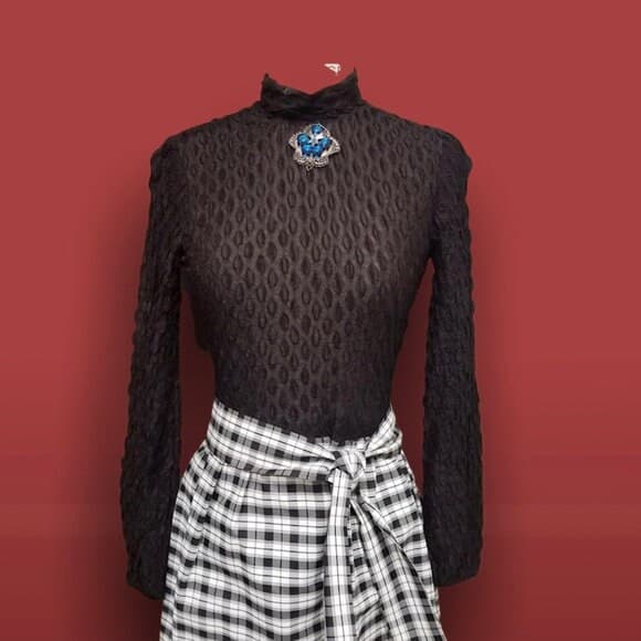 Vintage Dress Black/White Plaid Long Evening Dress- Size 7 Includes Vintage Brooch- Bouncy Full Ballroom style Skirt - Thumbnail 2