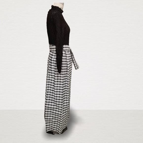 Vintage Dress Black/White Plaid Long Evening Dress- Size 7 Includes Vintage Brooch- Bouncy Full Ballroom style Skirt - Thumbnail 5
