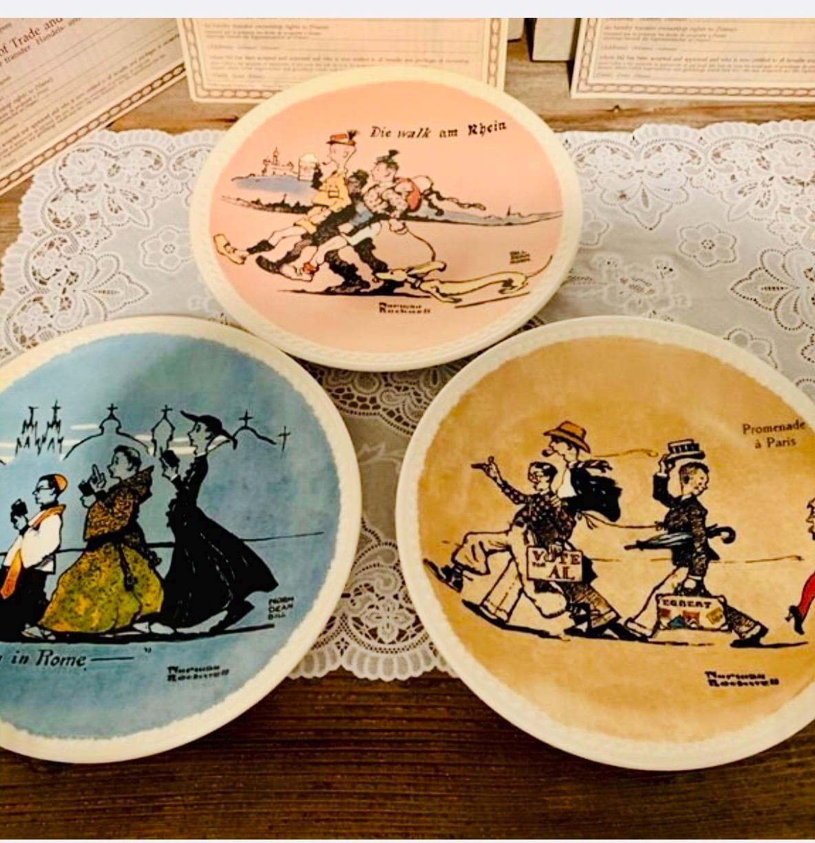 1982 Norman Rockwell Vintage Collection of Plates- When in Rome; Paris Postcards~ Handpainted, COA included - Thumbnail 3