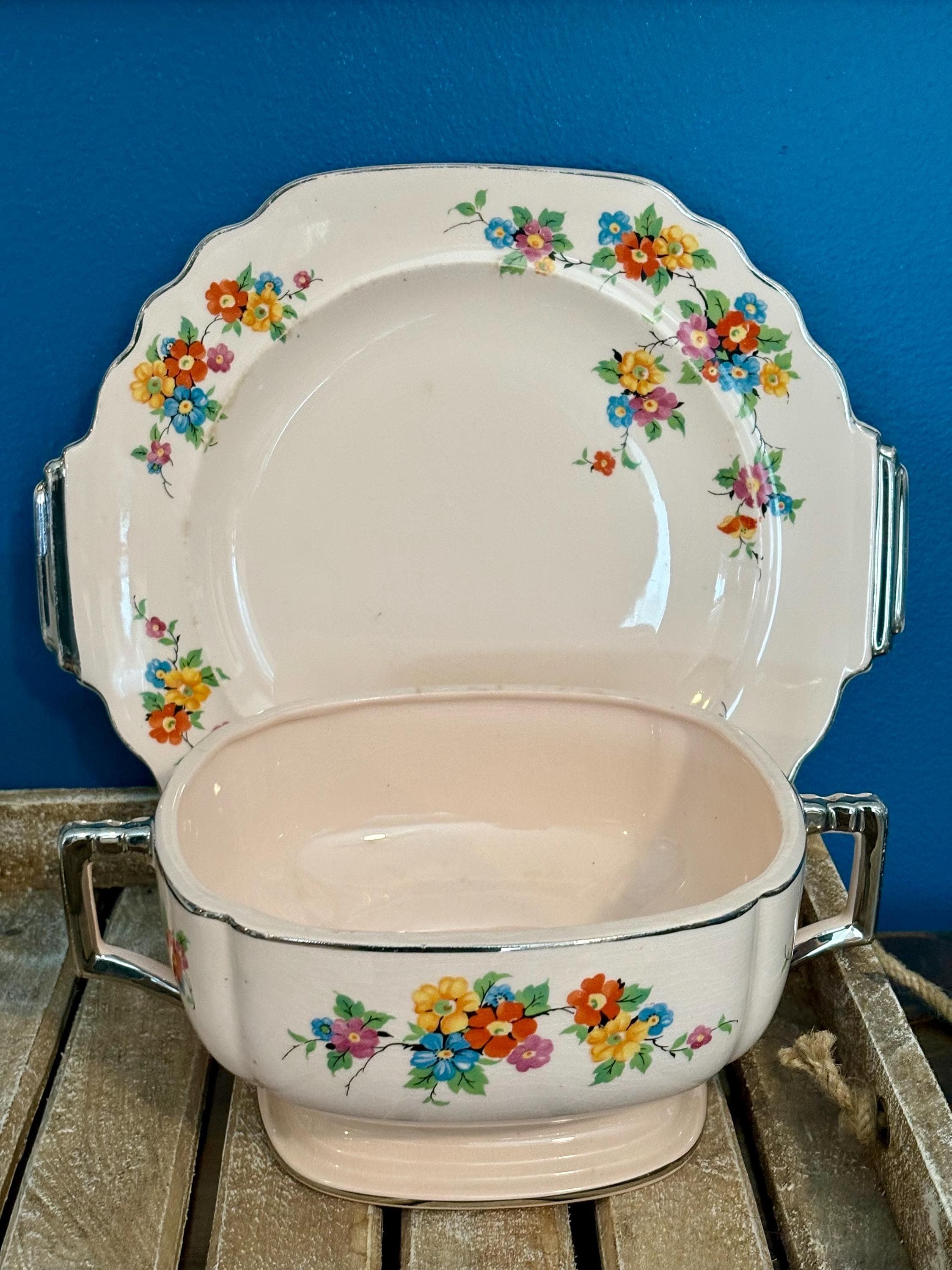 Limoges “Peach-Blo” Dinnerware Wayside Flower by Limoges-American Serving Platter and Silver Handle Serving Bowl - Thumbnail 2