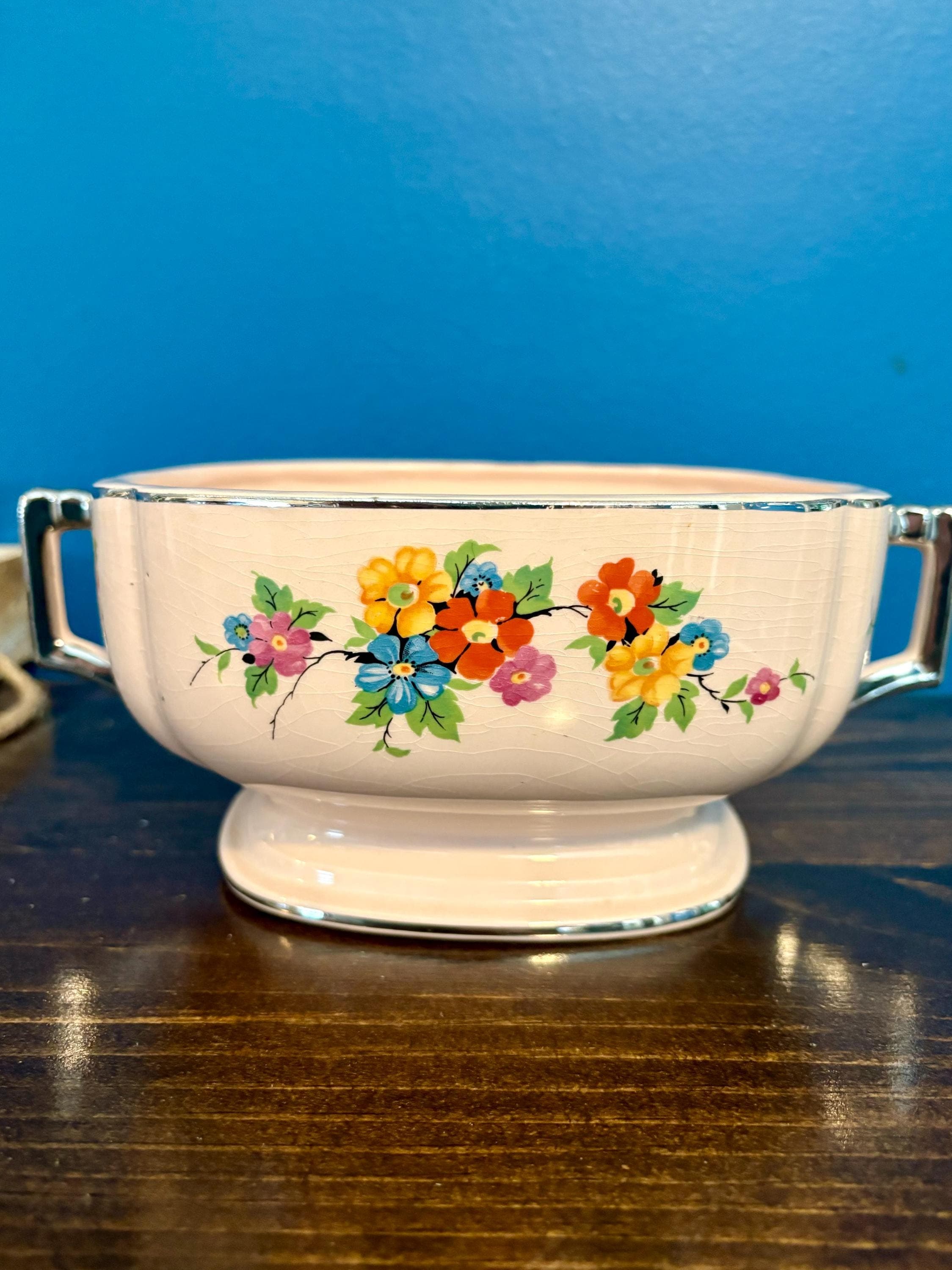 Limoges “Peach-Blo” Dinnerware Wayside Flower by Limoges-American Serving Platter and Silver Handle Serving Bowl - Thumbnail 6