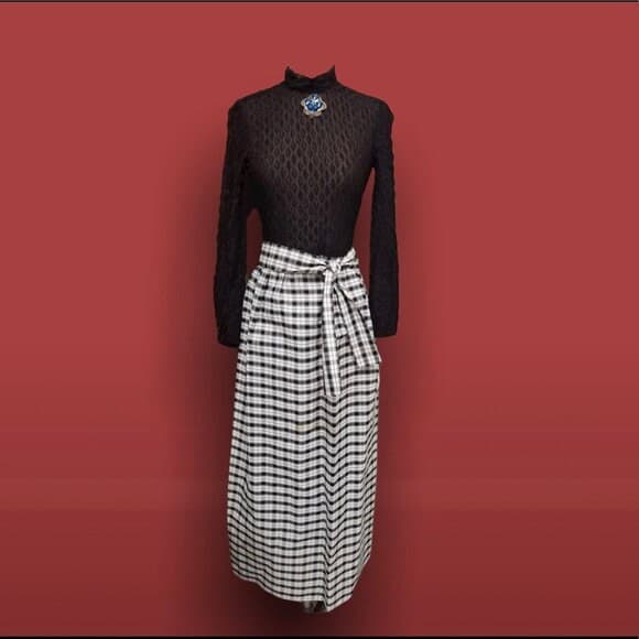 Vintage Dress Black/White Plaid Long Evening Dress- Size 7 Includes Vintage Brooch- Bouncy Full Ballroom style Skirt - Thumbnail 7