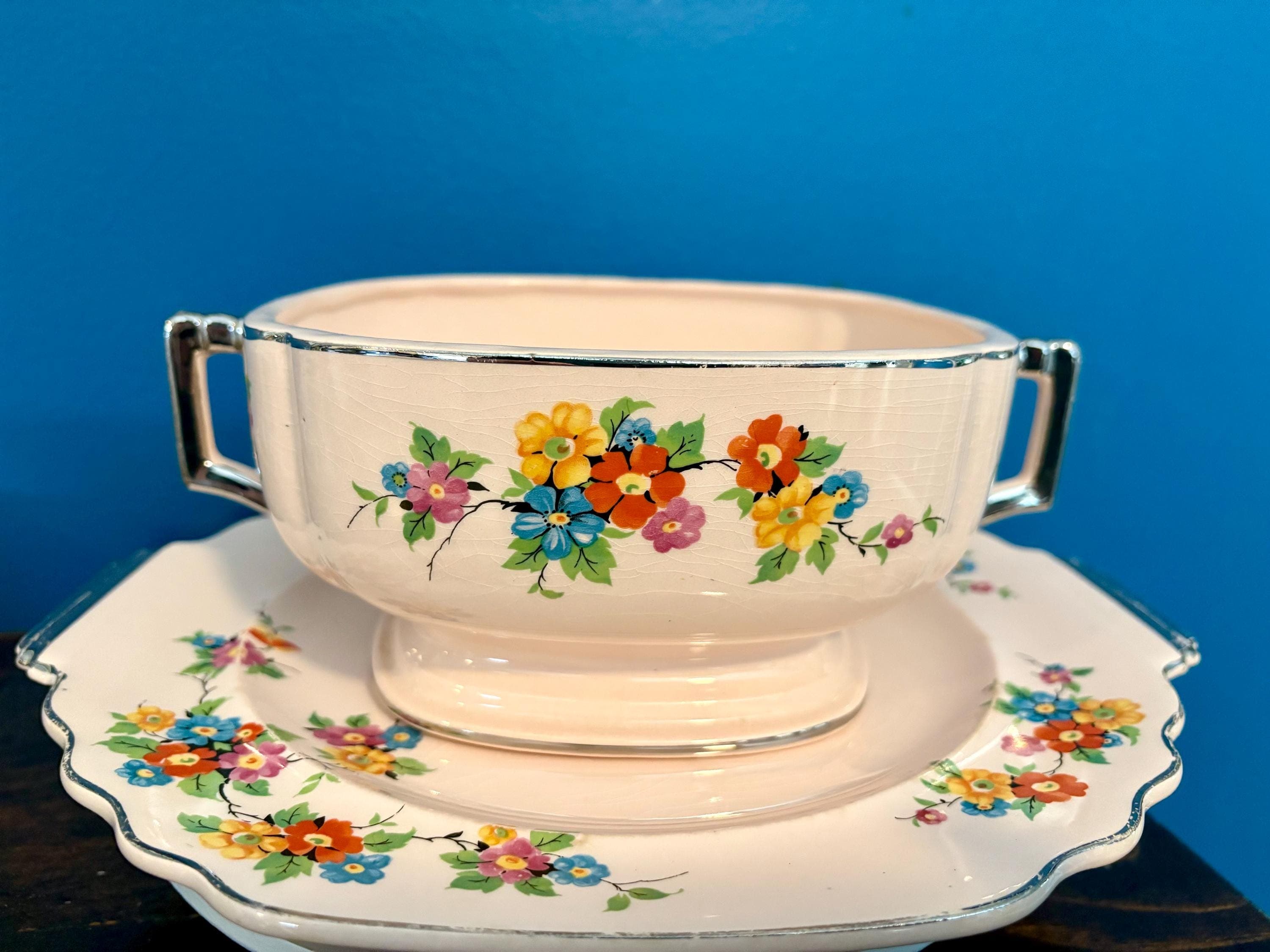 Limoges “Peach-Blo” Dinnerware Wayside Flower by Limoges-American Serving Platter and Silver Handle Serving Bowl - Thumbnail 5