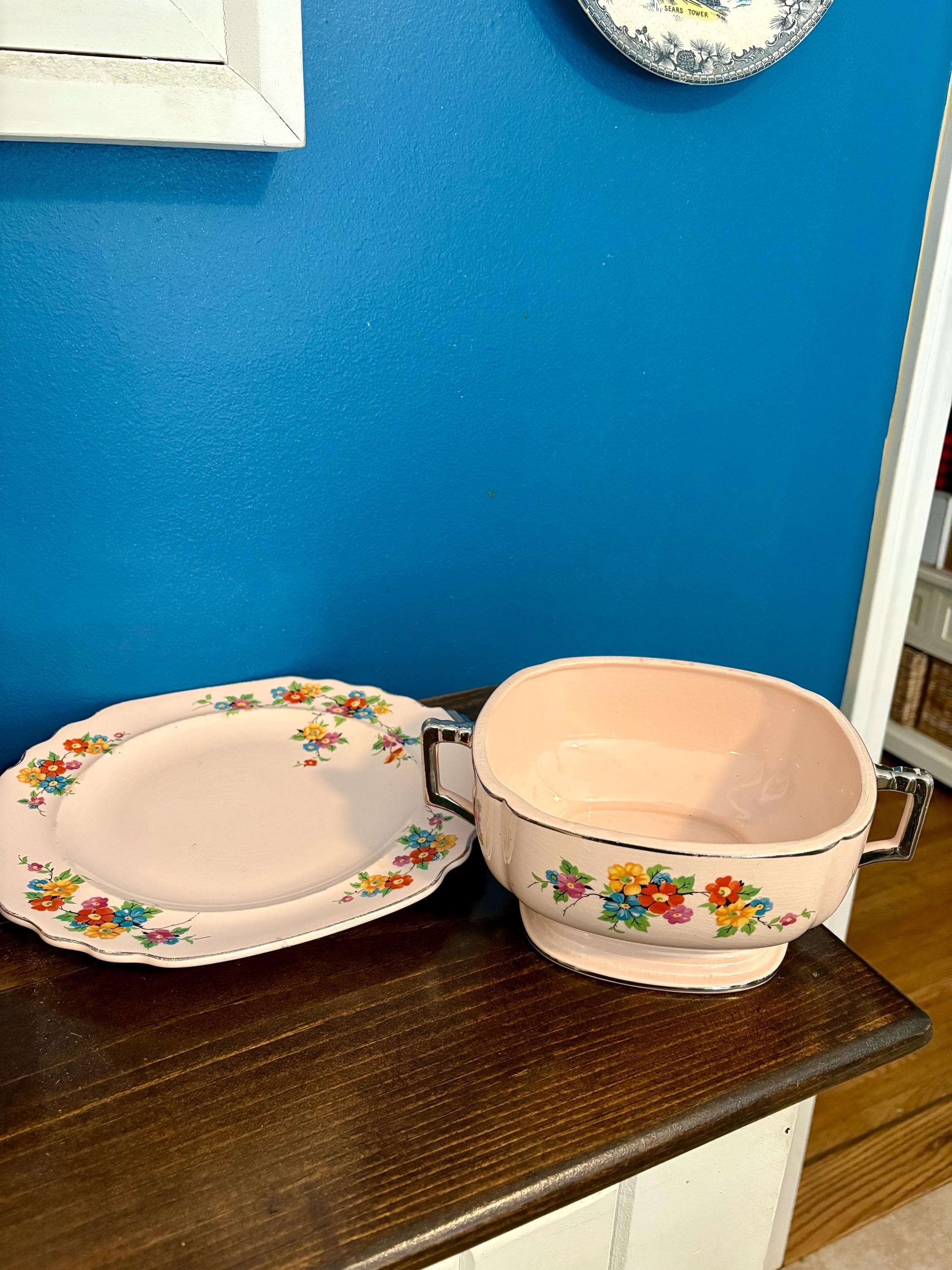 Limoges “Peach-Blo” Dinnerware Wayside Flower by Limoges-American Serving Platter and Silver Handle Serving Bowl - Thumbnail 4