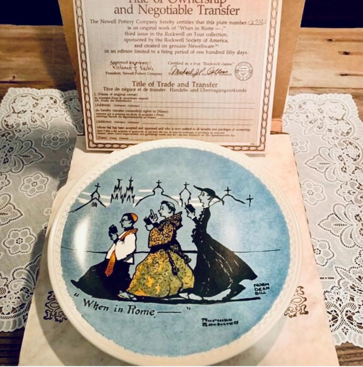 1982 Norman Rockwell Vintage Collection of Plates- When in Rome; Paris Postcards~ Handpainted, COA included - Thumbnail 5