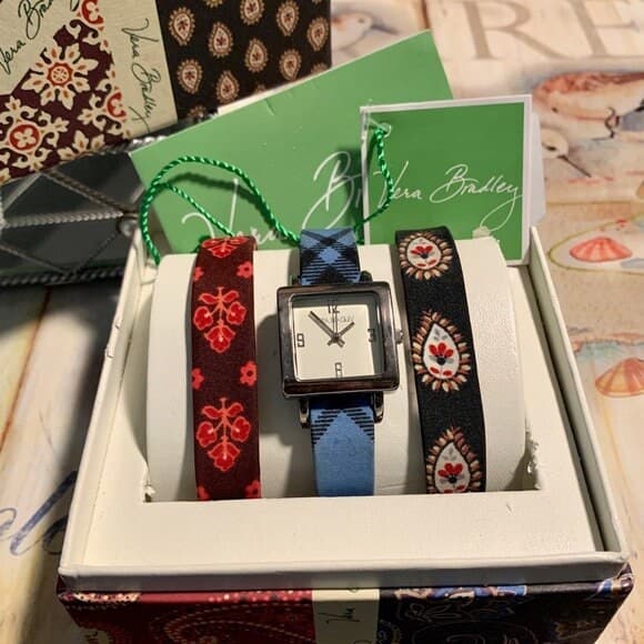 Vera Bradley Vintage Gift Set In Original Box~ 3 Quilted Pattern Watch Bands & Square Face Silver Watch- Retired Patterns Vintage Collection - Thumbnail 4