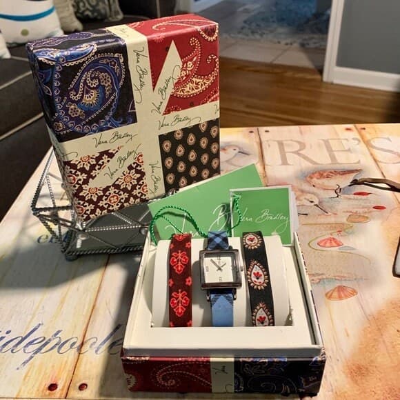 Vera Bradley Vintage Gift Set In Original Box~ 3 Quilted Pattern Watch Bands & Square Face Silver Watch- Retired Patterns Vintage Collection - Thumbnail 3