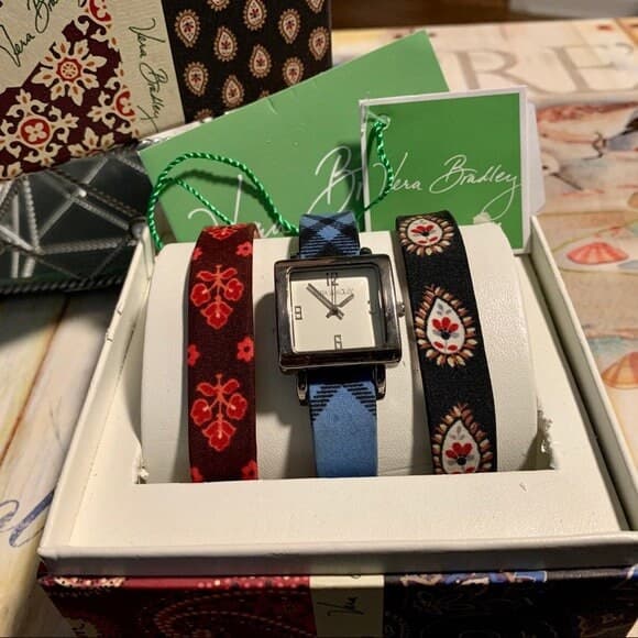 Vera Bradley Vintage Gift Set In Original Box~ 3 Quilted Pattern Watch Bands & Square Face Silver Watch- Retired Patterns Vintage Collection - Thumbnail 2