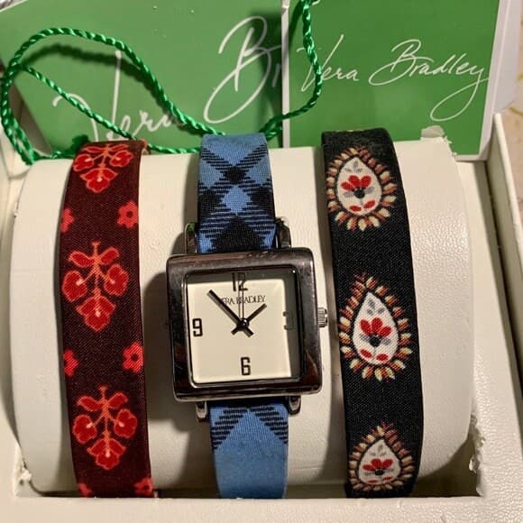 Vera Bradley Vintage Gift Set In Original Box~ 3 Quilted Pattern Watch Bands & Square Face Silver Watch- Retired Patterns Vintage Collection - Thumbnail 6