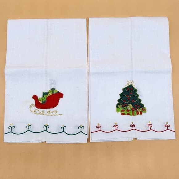 Vintage 1995 Lillian Vernon 100% Cotton Embroidered Christmas Tree Sleigh Towels - Thumbnail 5