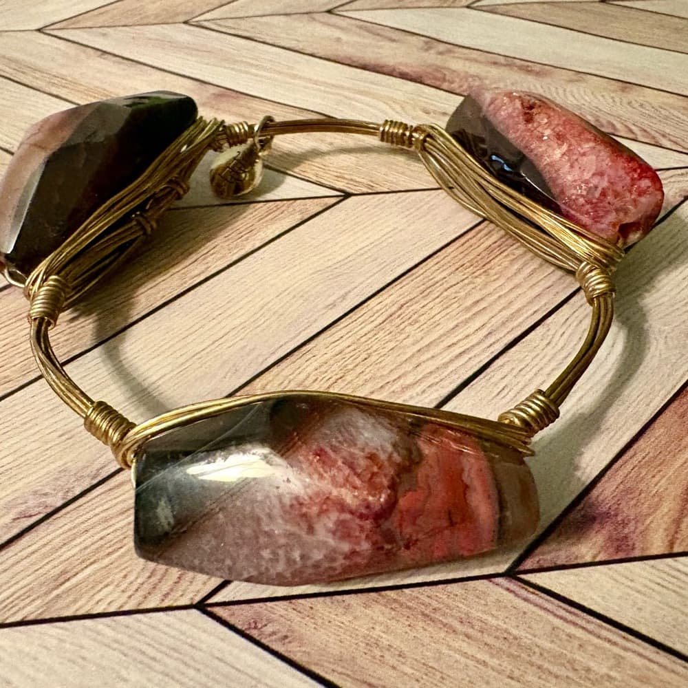 Bourbon and Bowties Black and Pink Bracelet Gold Wire Wrapped Bangle - Thumbnail 3