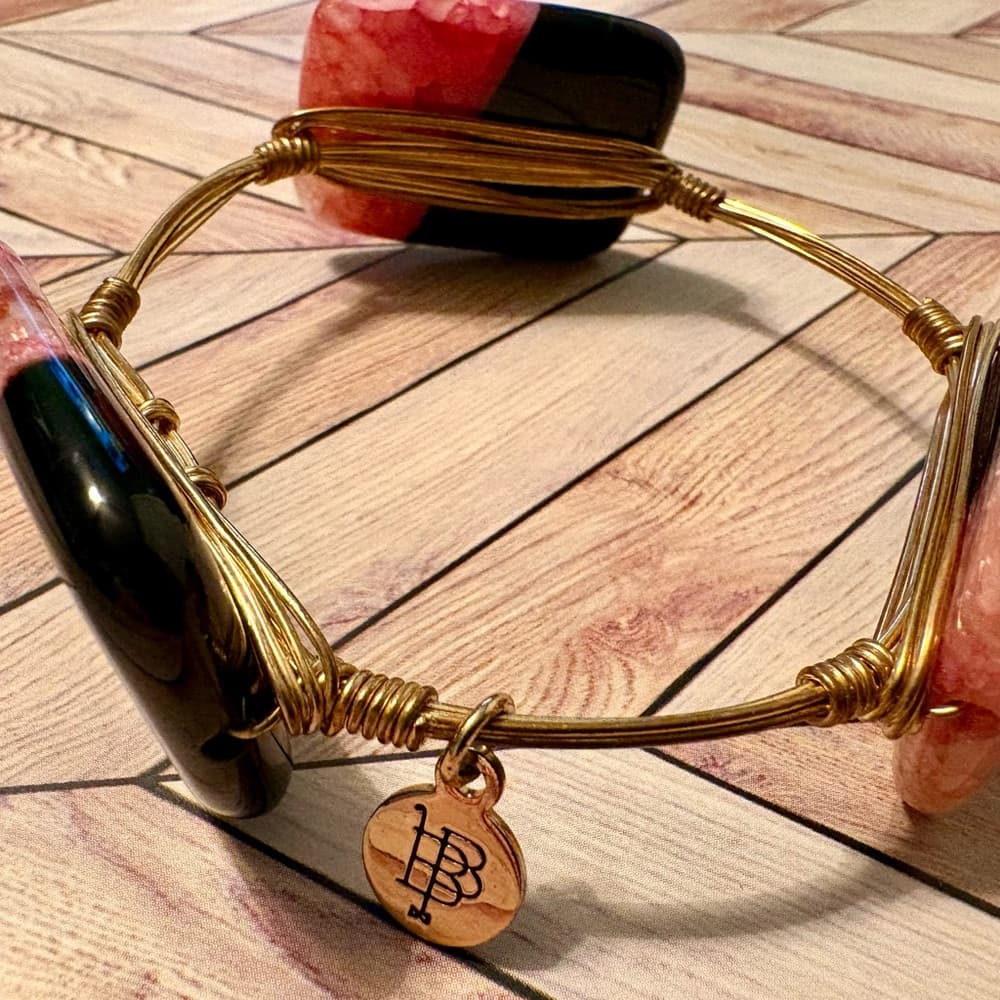 Bourbon + Bowties Black and Pink Bangle Bracelet~ Polished Stone Strawberry Pink - Thumbnail 4