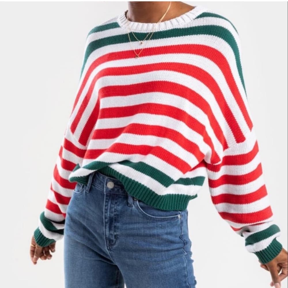 Red, White & Green Stripe Christmas Sweater - Thumbnail 2