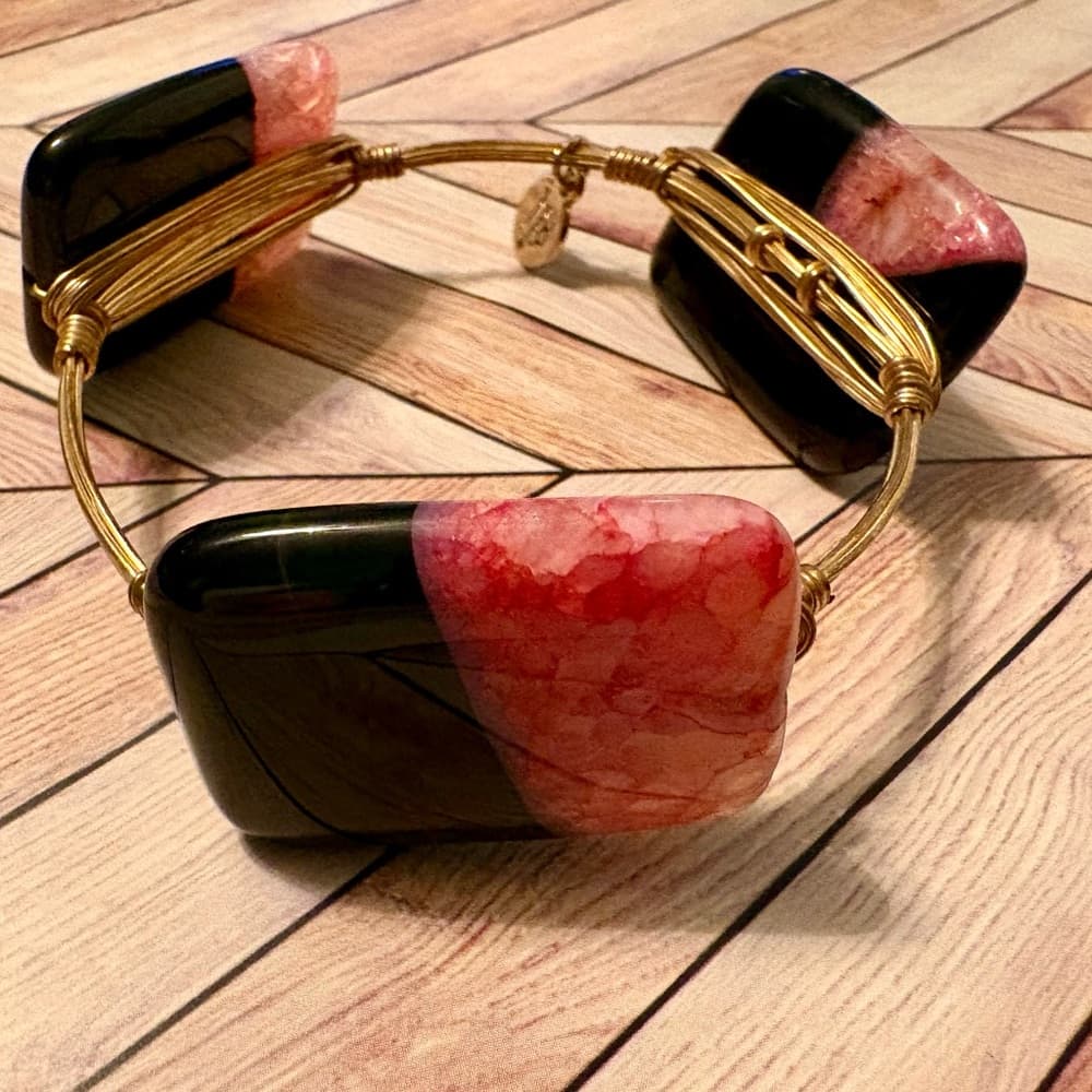 Bourbon + Bowties Black and Pink Bangle Bracelet~ Polished Stone Strawberry Pink - Thumbnail 6