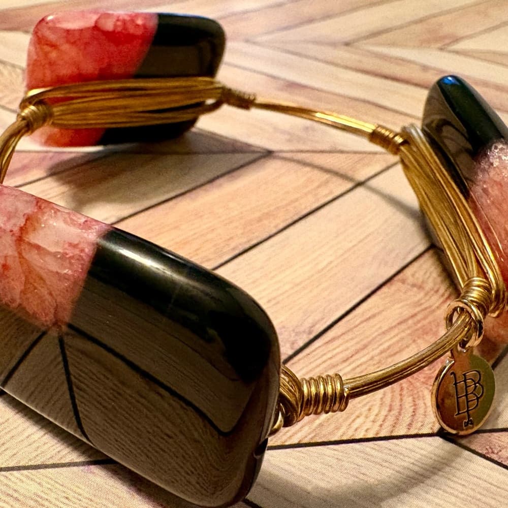Bourbon + Bowties Black and Pink Bangle Bracelet~ Polished Stone Strawberry Pink - Thumbnail 5