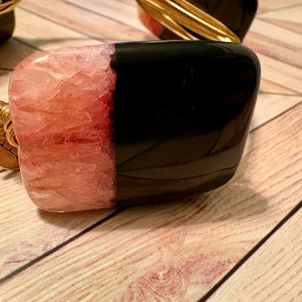 Bourbon + Bowties Black and Pink Bangle Bracelet~ Polished Stone Strawberry Pink - Thumbnail 3
