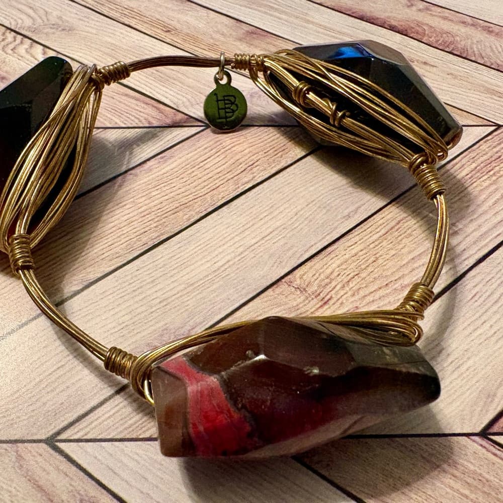 Bourbon and Bowties Black and Pink Bracelet Gold Wire Wrapped Bangle - Thumbnail 4