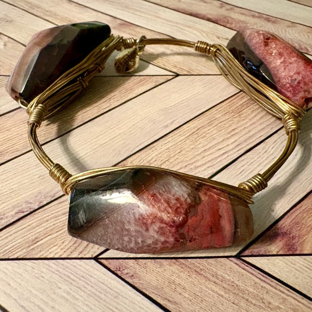 Bourbon and Bowties Black and Pink Bracelet Gold Wire Wrapped Bangle - Thumbnail 2