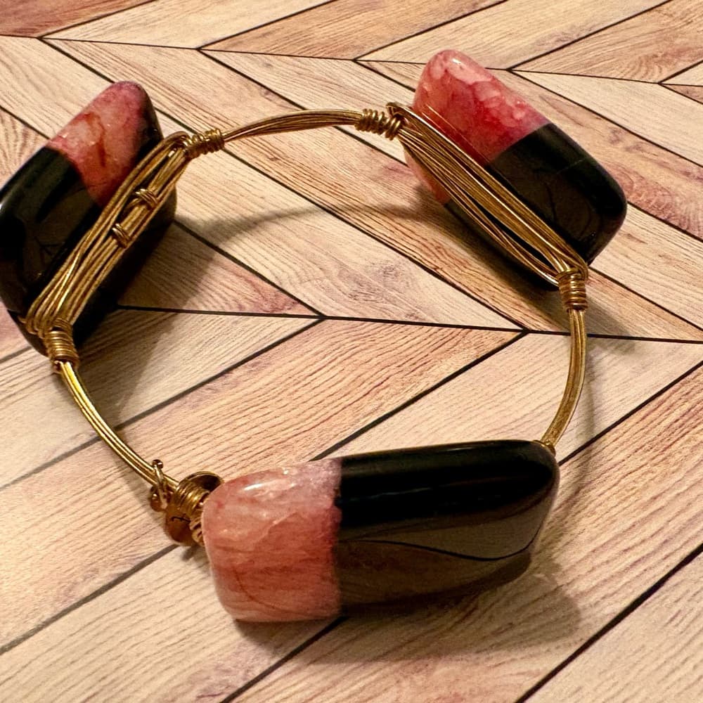 Bourbon + Bowties Black and Pink Bangle Bracelet~ Polished Stone Strawberry Pink - Thumbnail 2