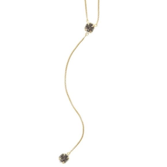 Kendra Scott "Tomon" Y Necklace Gold Chain Platinum Druzy Stone~ Adjustable - Thumbnail 5