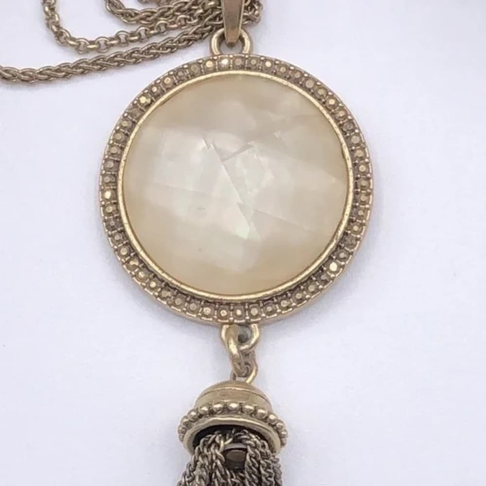 Lucky Brand Stone And Chain Tassel Necklace With Marcasite Rhinestones - Thumbnail 3