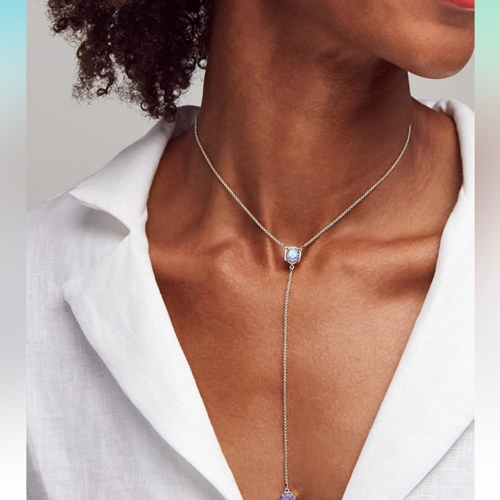 Kendra Scott "Tomon" Y Necklace Gold Chain Platinum Druzy Stone~ Adjustable - Thumbnail 3