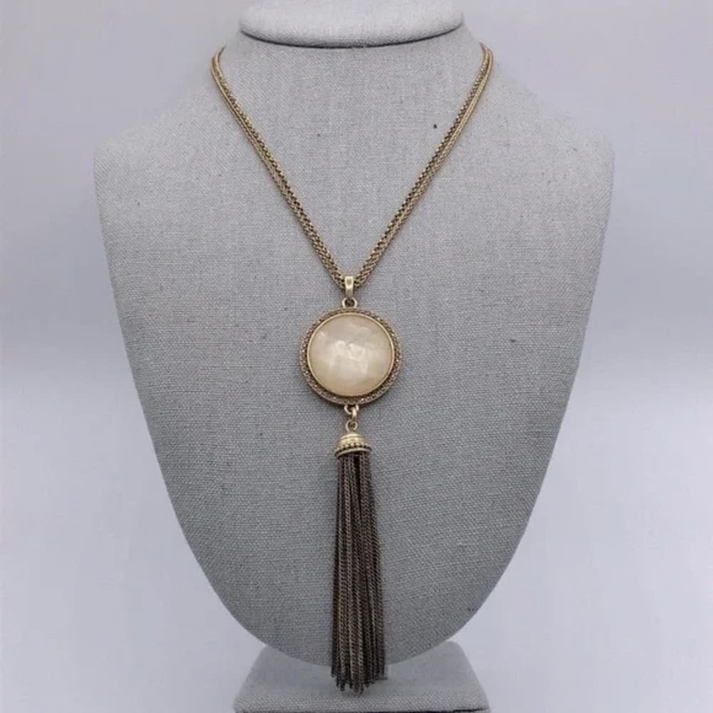 Lucky Brand Stone And Chain Tassel Necklace With Marcasite Rhinestones - Thumbnail 6