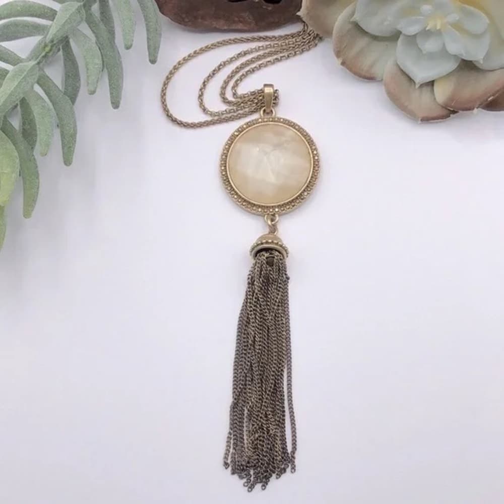 Lucky Brand Stone And Chain Tassel Necklace With Marcasite Rhinestones - Thumbnail 2