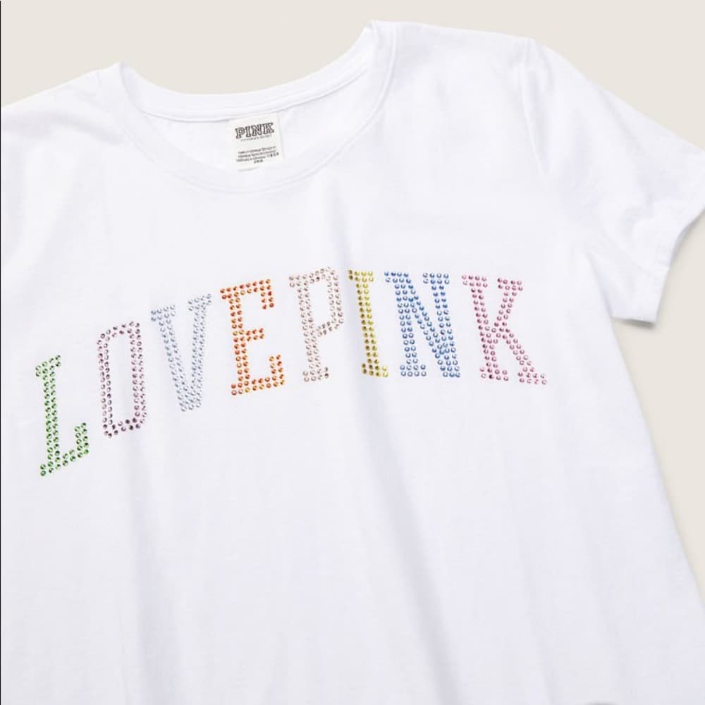 LOVE PINK Logo in Rainbow Rhinestones Perfect T-Shirt- Colorful Rainbow Letters - Thumbnail 2