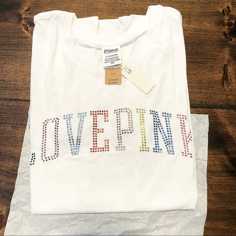 LOVE PINK Logo in Rainbow Rhinestones Perfect T-Shirt- Colorful Rainbow Letters - Thumbnail 5