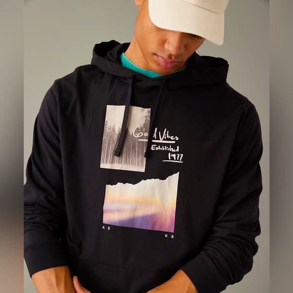 American Eagle AE Super Soft Photo Graphic Hoodie T-Shirt~ Black XXXL - Thumbnail 7
