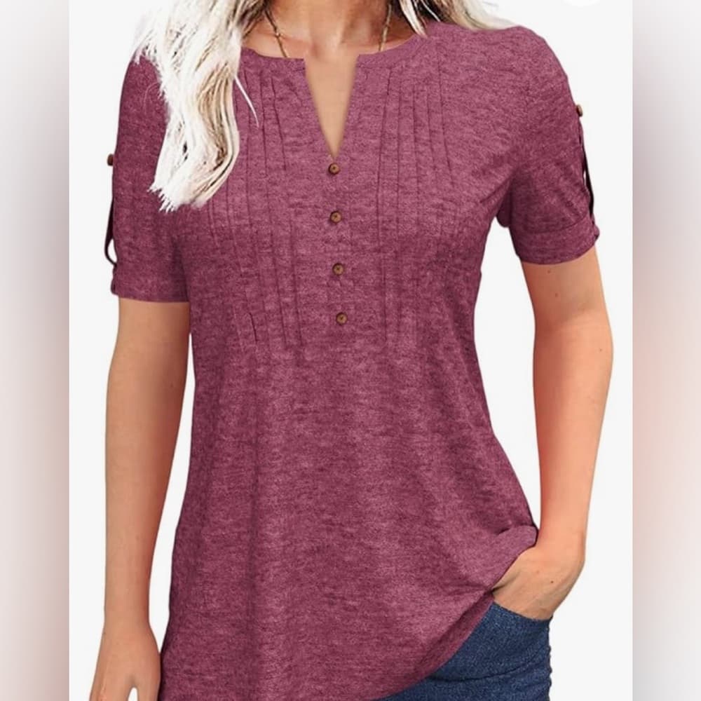 Pleated Pin-Tuck Shirts- Cute Button Detail- Two Shirts 1 Black 1 Burgundy - Thumbnail 4