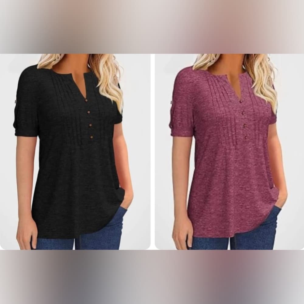 Pleated Pin-Tuck Shirts- Cute Button Detail- Two Shirts 1 Black 1 Burgundy - Thumbnail 8