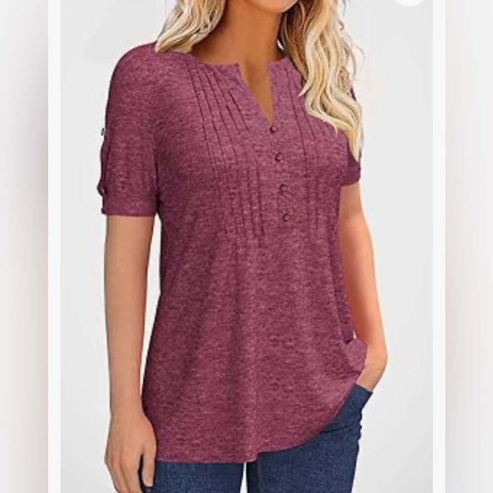 Pleated Pin-Tuck Shirts- Cute Button Detail- Two Shirts 1 Black 1 Burgundy - Thumbnail 2
