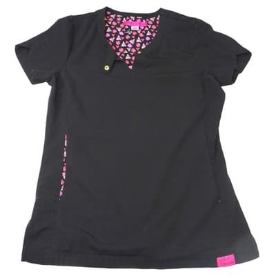 Betsey Johnson Black V Neck Scrub Top Short Sleeve Lips Roses Print XXS