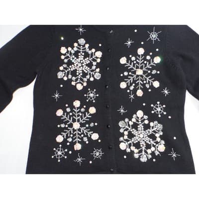 Vintage Heirloom Collectibles Sweater Cardigan Snowflake Beaded Sequin Black M - Thumbnail 3