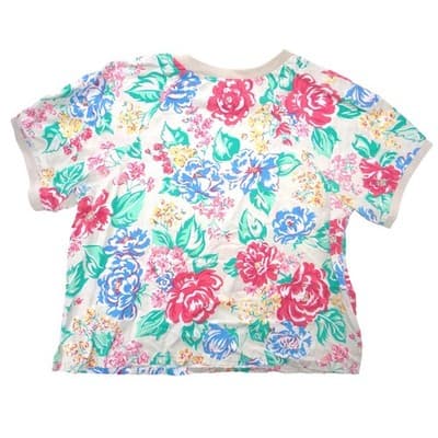 Vintage Lilys of Beverly Hills Floral Short Sleeve Top Cream Pink Blue Small - Thumbnail 3